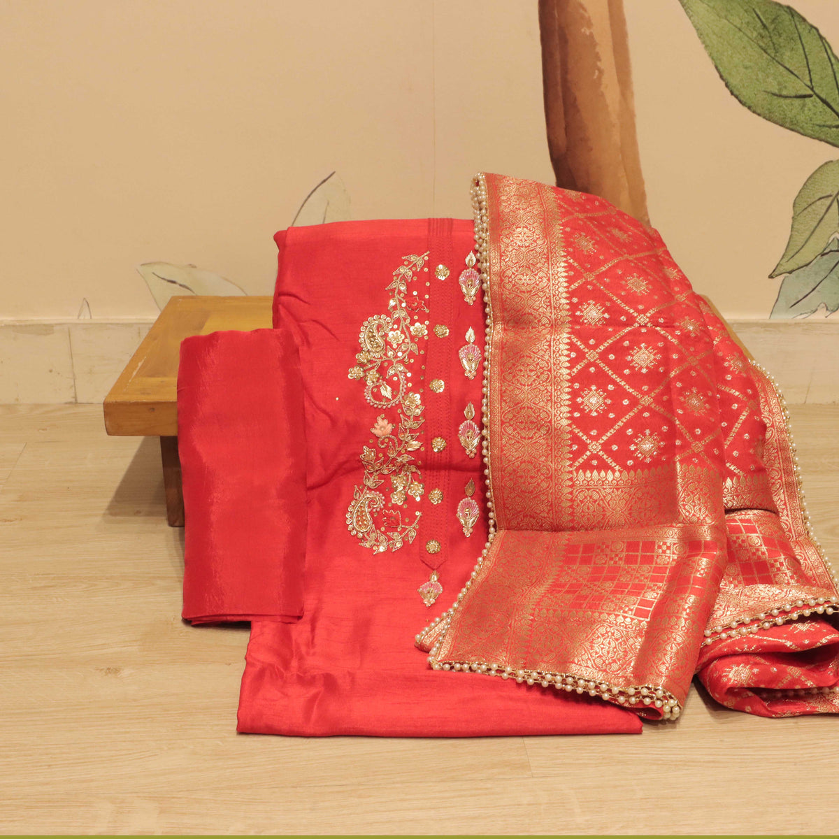 Red Color Mixed Fabric Embroidery Top Material and Pant Material with