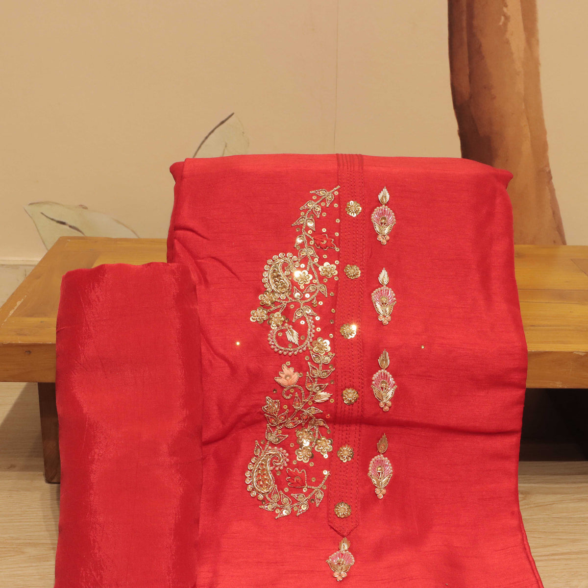 Red Color Mixed Fabric Embroidery Top Material and Pant Material with