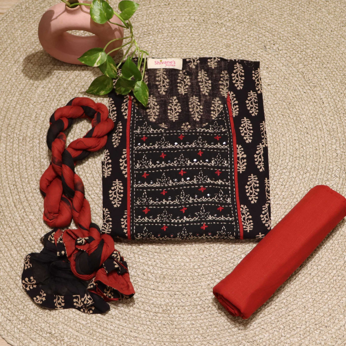 Congo Brown Color Muslin Top Material and Pant Material with Organza D