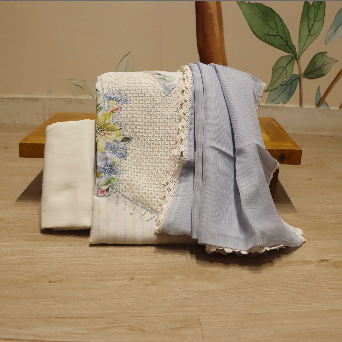 Cloud White Color Floral Bottom Embroidery Cotton Top Material And Pan ...